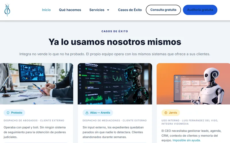 Sitio web de la agencia de automatización con IA Integra Visomedia para despachos